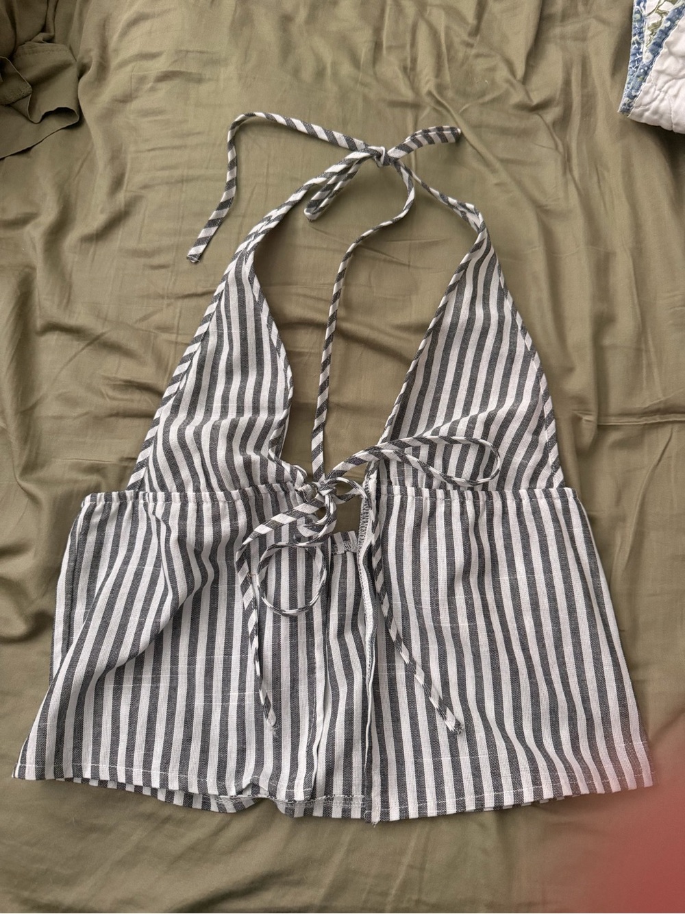 Striped Halter Tie-Front Tank Top - Black/White